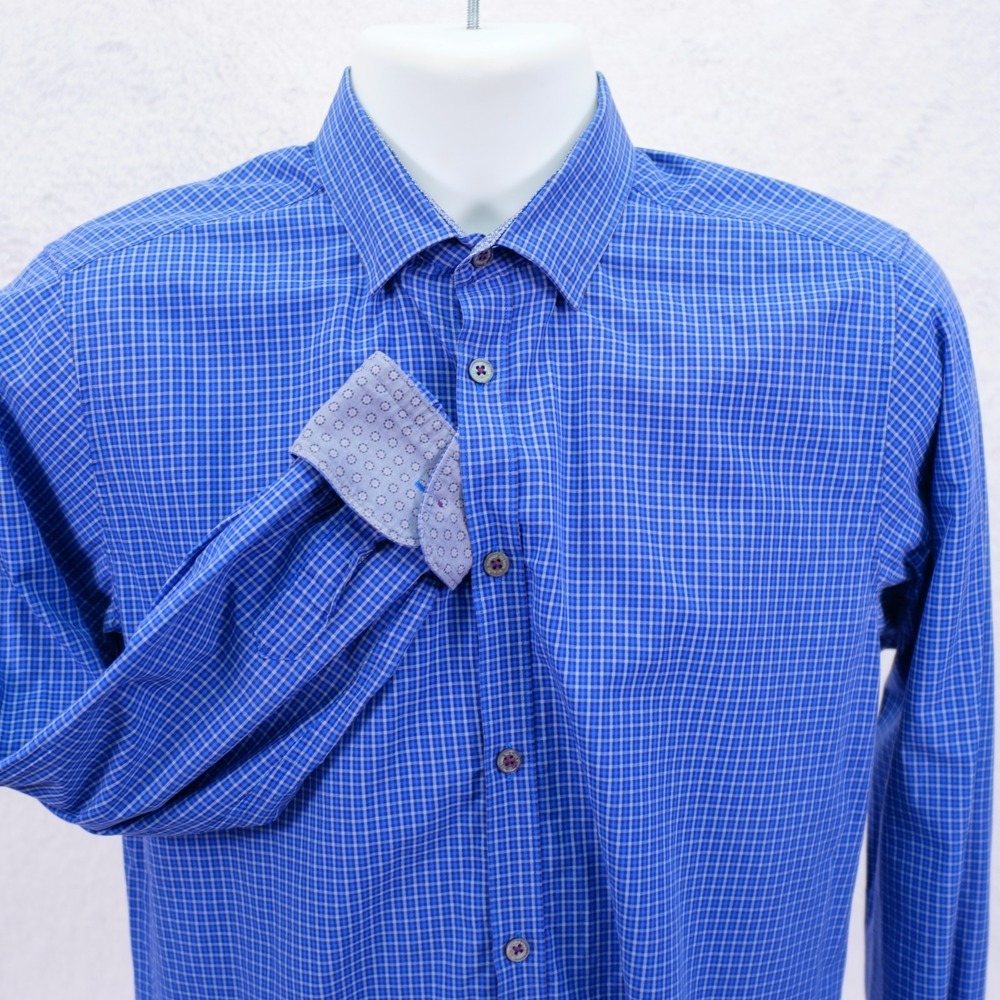 Ted Baker London -3- Blue Check‎ Flip Cuff Collared Hide-Away Button Down Cotton